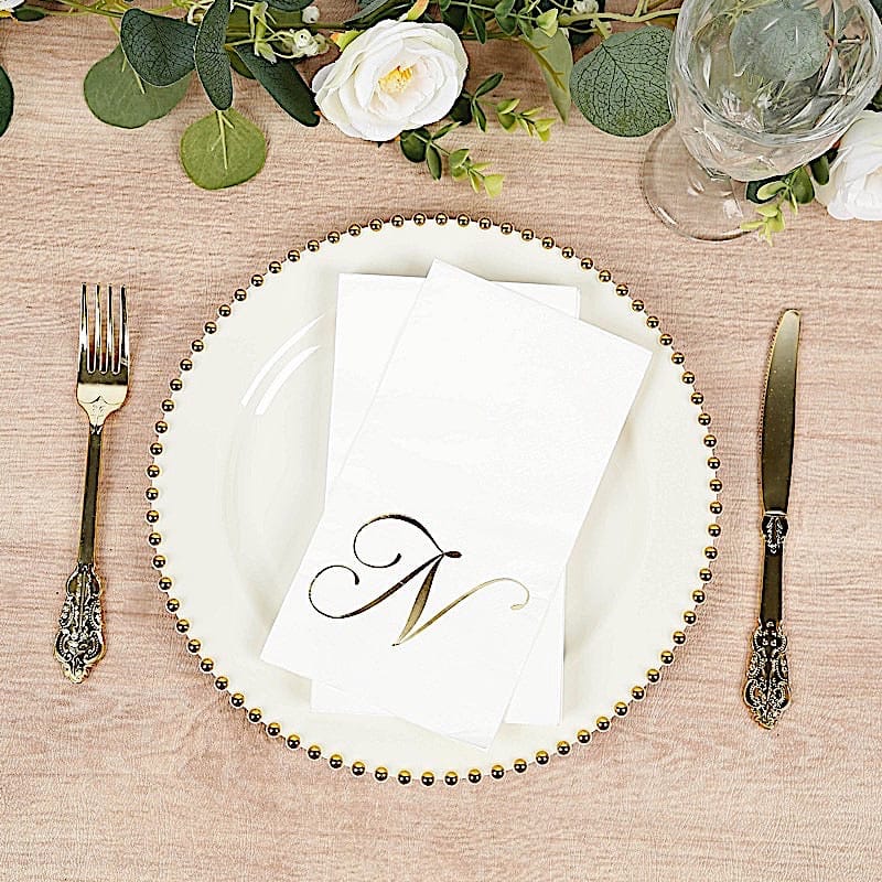 100 Disposable Dinner Paper Napkins with Gold Foil Letter - White