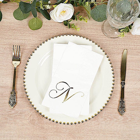 100 Disposable Dinner Paper Napkins with Gold Foil Letter - White