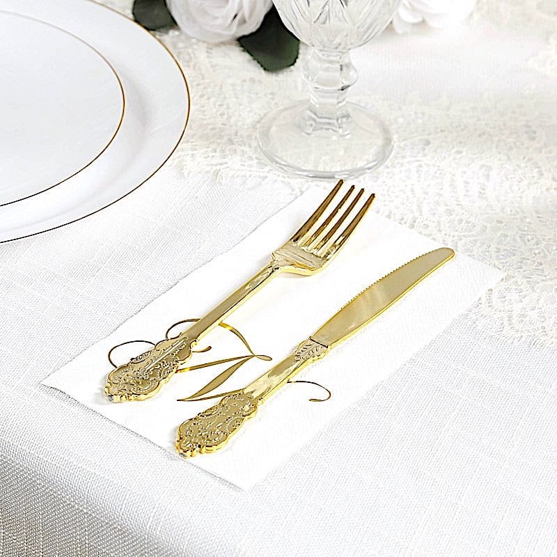 100 Disposable Dinner Paper Napkins with Gold Foil Letter - White
