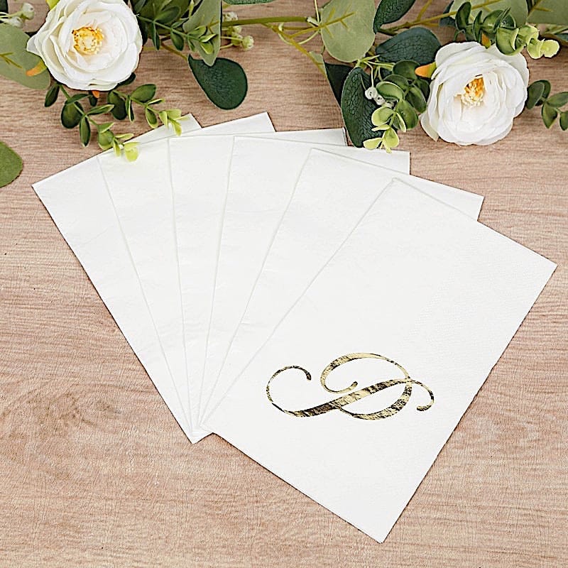 100 Disposable Dinner Paper Napkins with Gold Foil Letter - White