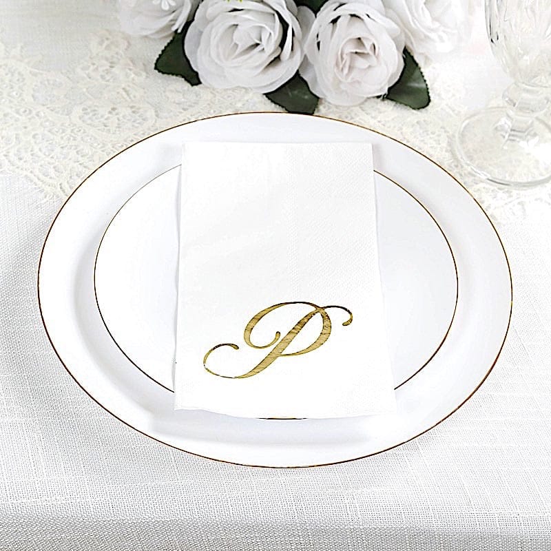 100 Disposable Dinner Paper Napkins with Gold Foil Letter - White