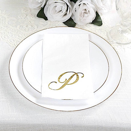100 Disposable Dinner Paper Napkins with Gold Foil Letter - White