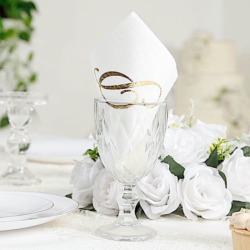 100 Disposable Dinner Paper Napkins with Gold Foil Letter - White