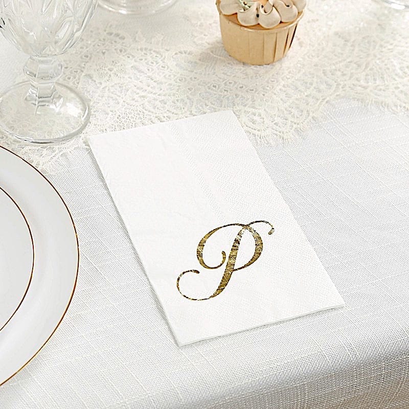 100 Disposable Dinner Paper Napkins with Gold Foil Letter - White