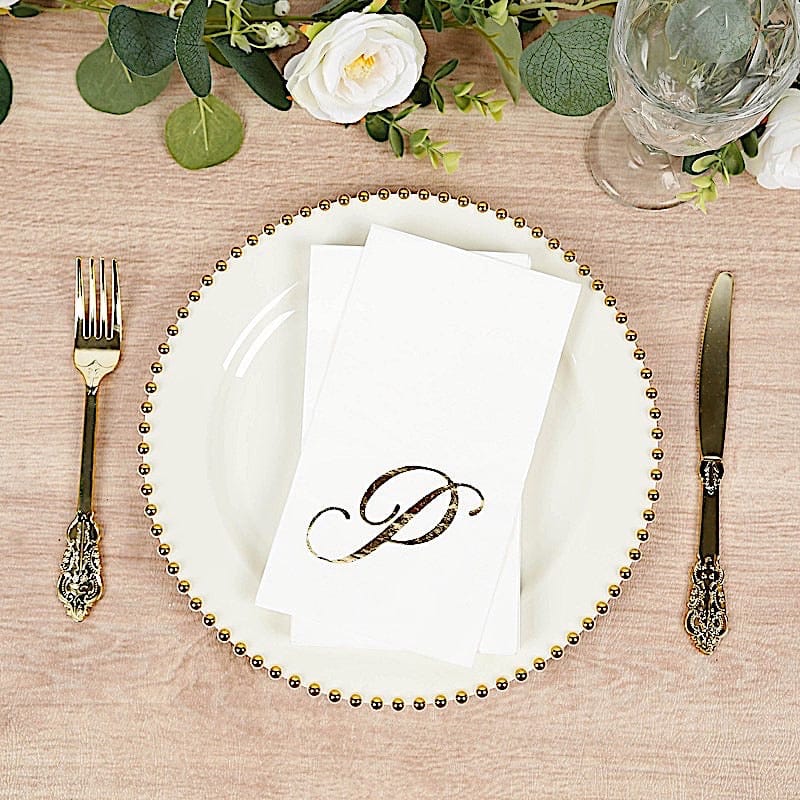 100 Disposable Dinner Paper Napkins with Gold Foil Letter - White