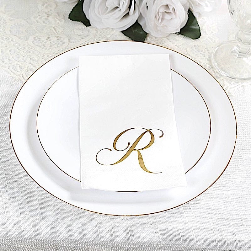 100 Disposable Dinner Paper Napkins with Gold Foil Letter - White