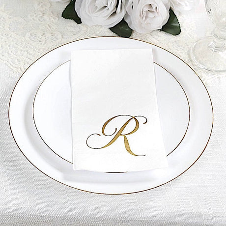 100 Disposable Dinner Paper Napkins with Gold Foil Letter - White