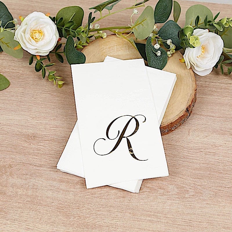 100 Disposable Dinner Paper Napkins with Gold Foil Letter - White