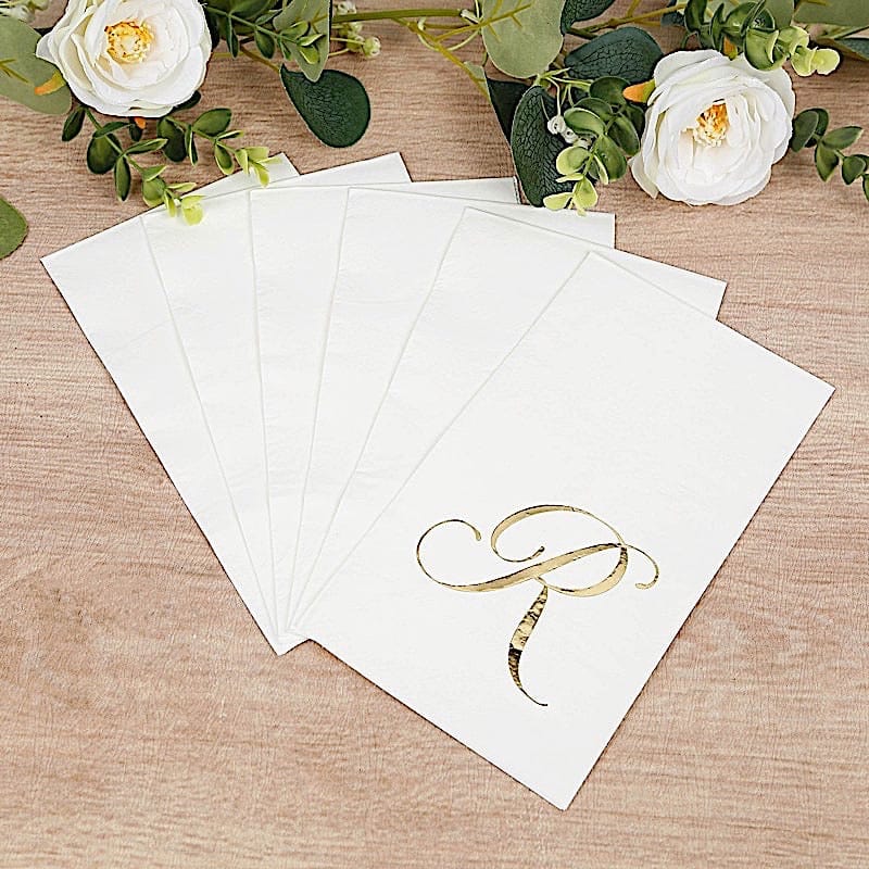 100 Disposable Dinner Paper Napkins with Gold Foil Letter - White