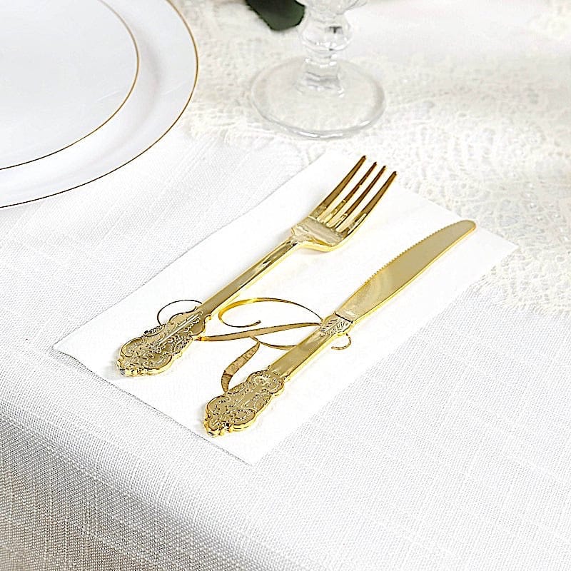 100 Disposable Dinner Paper Napkins with Gold Foil Letter - White