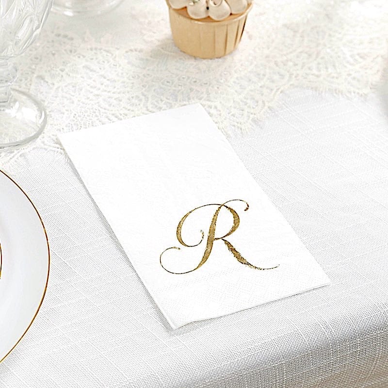 100 Disposable Dinner Paper Napkins with Gold Foil Letter - White