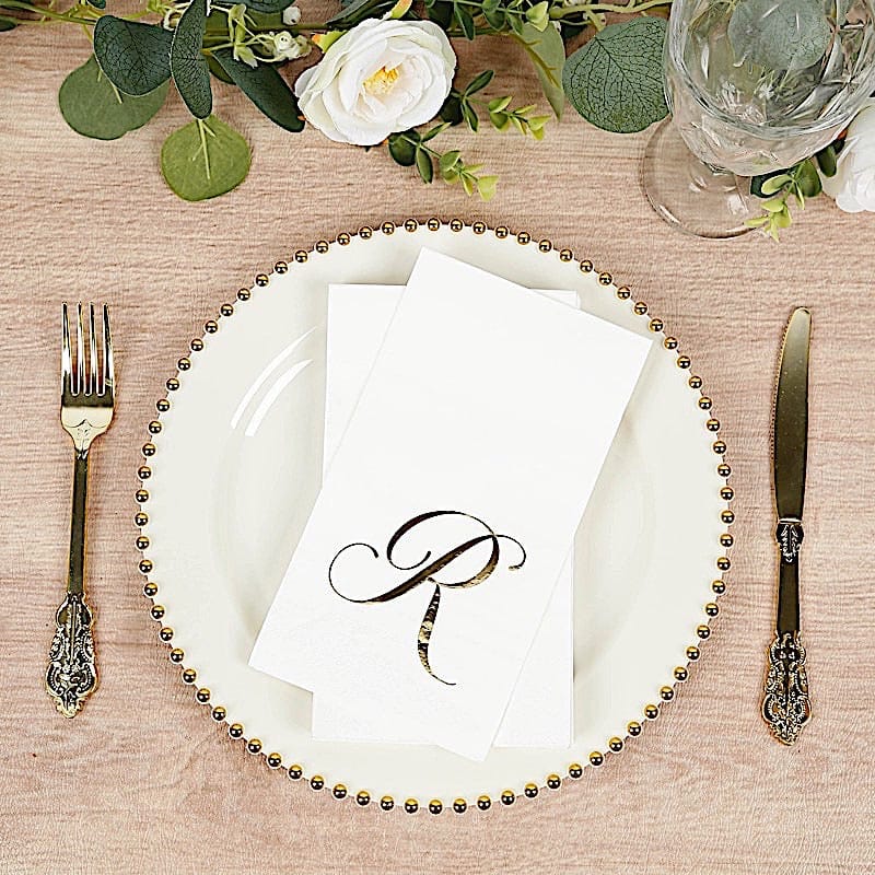 100 Disposable Dinner Paper Napkins with Gold Foil Letter - White