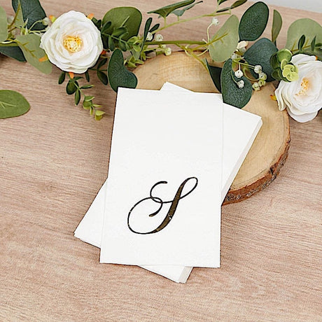 100 Disposable Dinner Paper Napkins with Gold Foil Letter - White