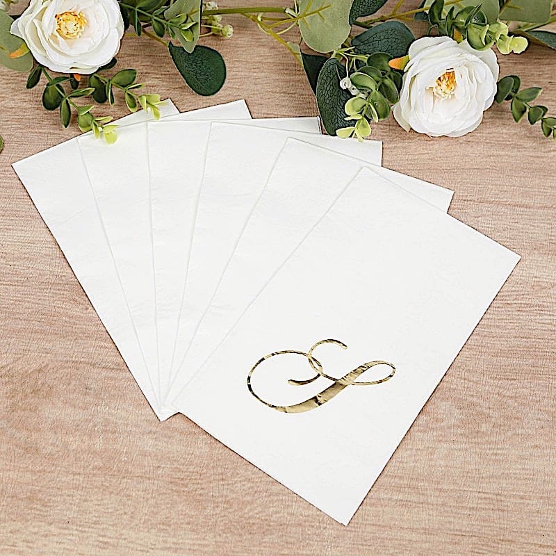 100 Disposable Dinner Paper Napkins with Gold Foil Letter - White