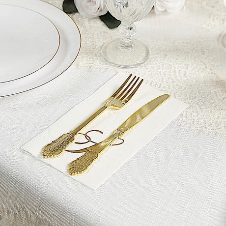 100 Disposable Dinner Paper Napkins with Gold Foil Letter - White