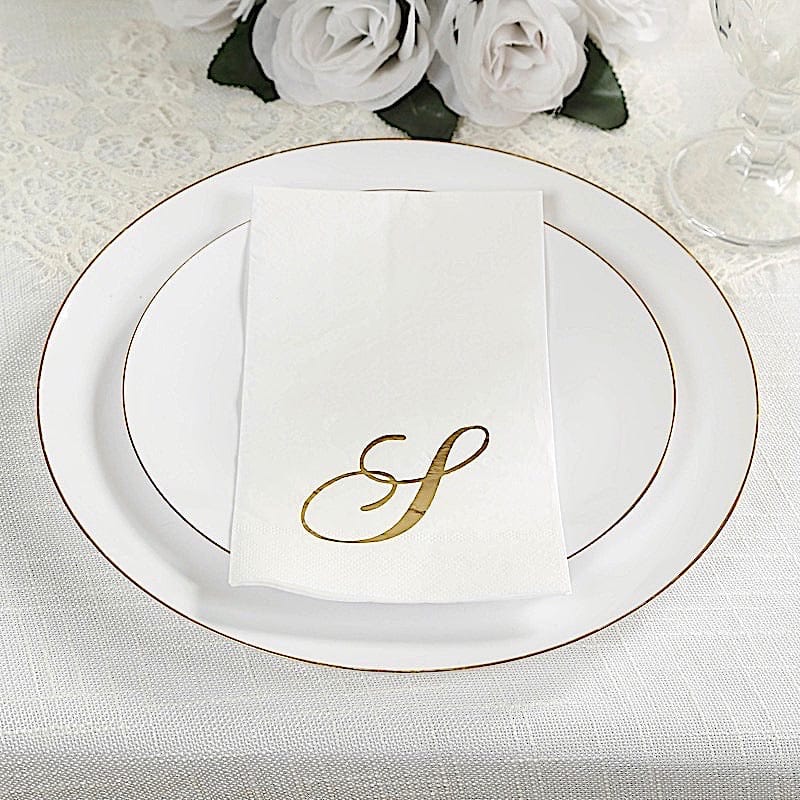 100 Disposable Dinner Paper Napkins with Gold Foil Letter - White