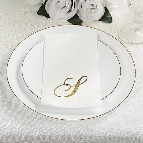 100 Disposable Dinner Paper Napkins with Gold Foil Letter - White