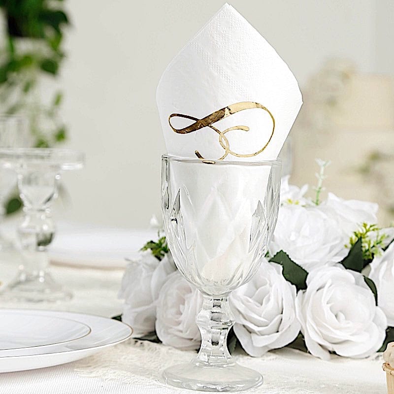 100 Disposable Dinner Paper Napkins with Gold Foil Letter - White