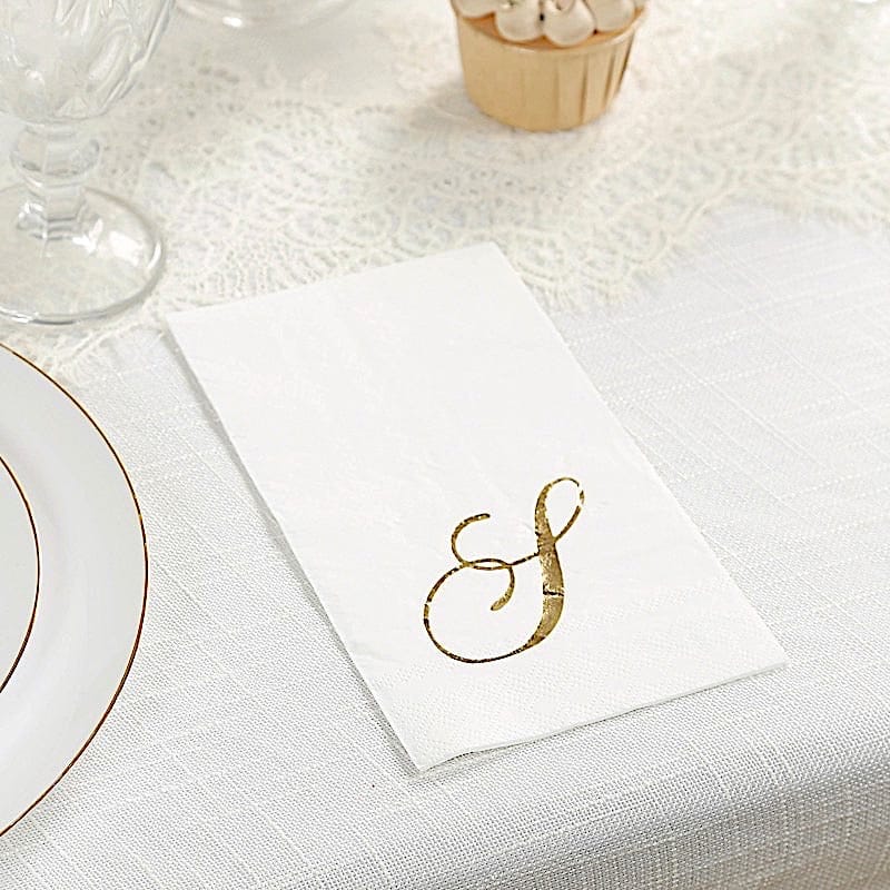100 Disposable Dinner Paper Napkins with Gold Foil Letter - White
