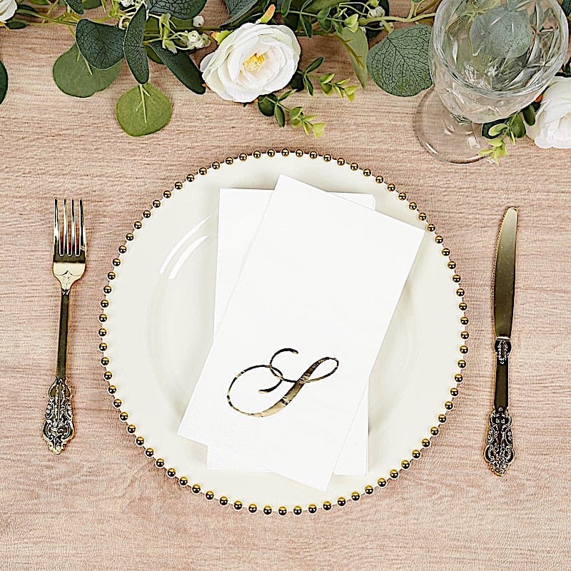 100 Disposable Dinner Paper Napkins with Gold Foil Letter - White