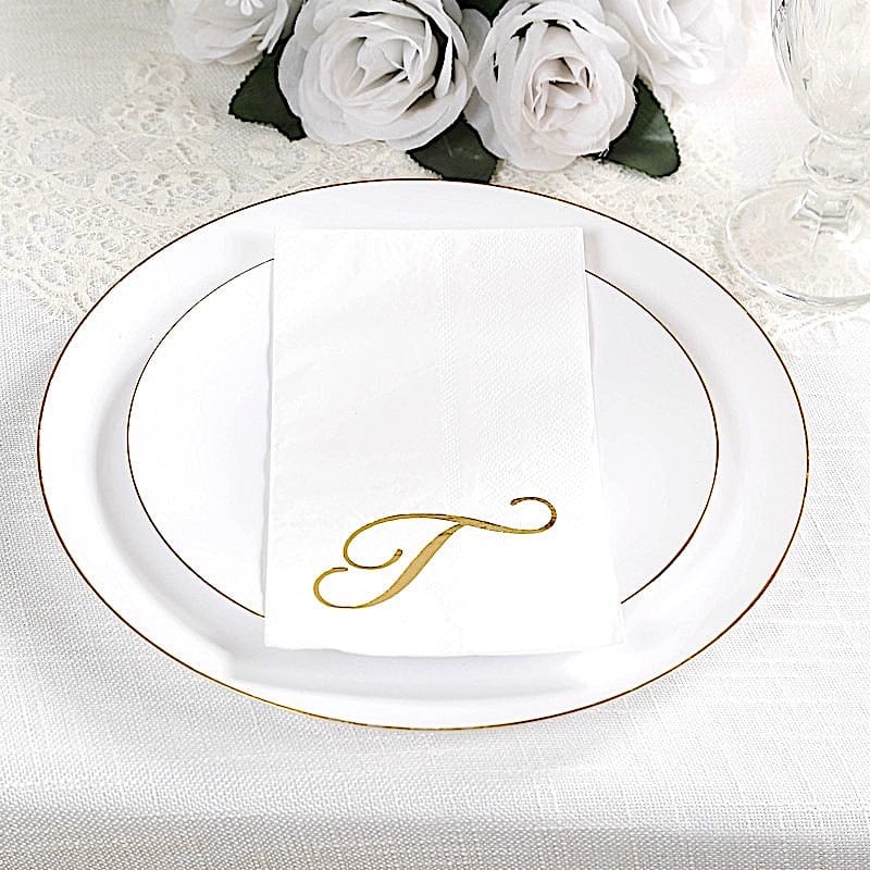 100 Disposable Dinner Paper Napkins with Gold Foil Letter - White