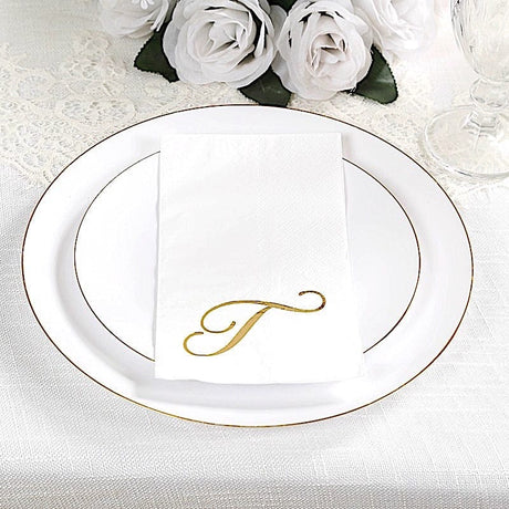 100 Disposable Dinner Paper Napkins with Gold Foil Letter - White