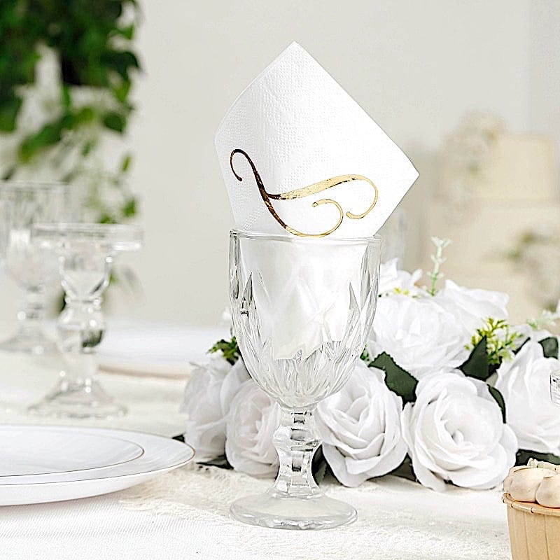 100 Disposable Dinner Paper Napkins with Gold Foil Letter - White