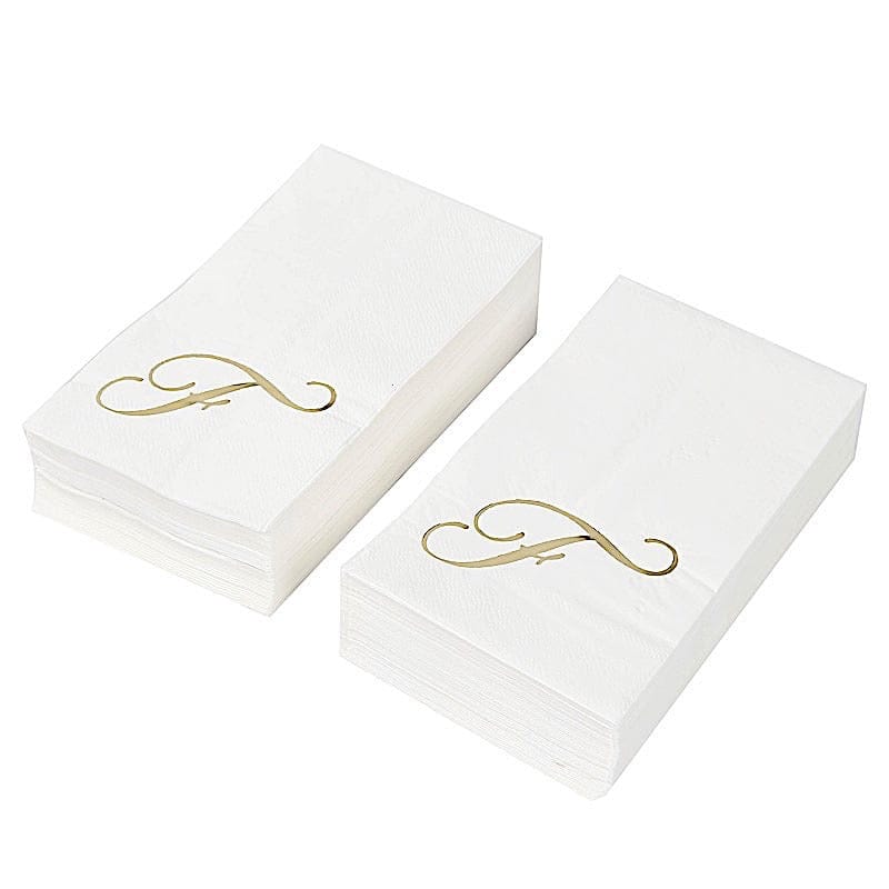 100 Disposable Dinner Paper Napkins with Gold Foil Letter - White
