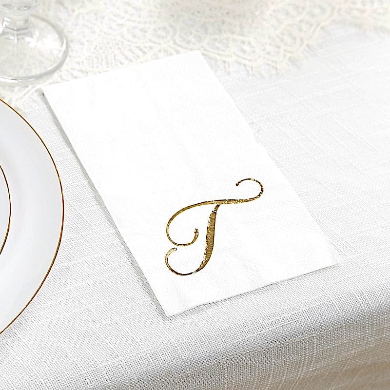 100 Disposable Dinner Paper Napkins with Gold Foil Letter - White