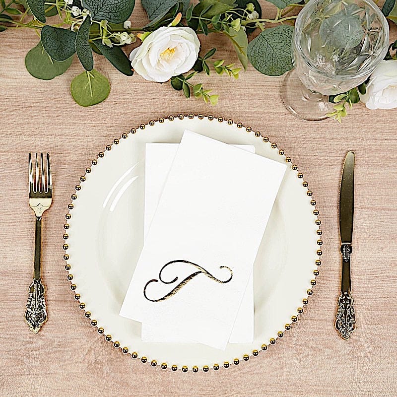 100 Disposable Dinner Paper Napkins with Gold Foil Letter - White