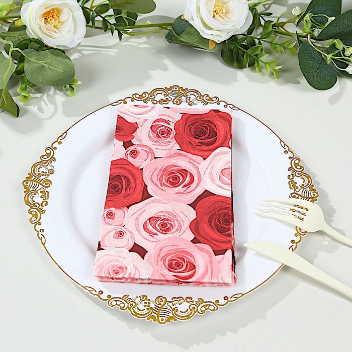 50 Paper Disposable Dinner Napkins with Rose Print - Red and Pink