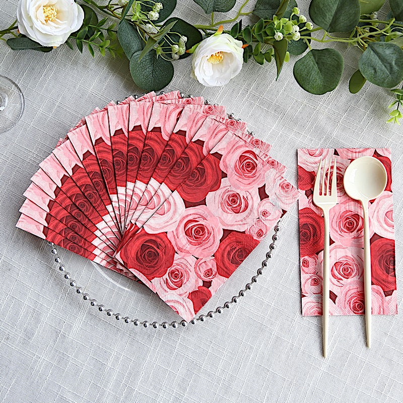 50 Paper Disposable Dinner Napkins with Rose Print - Red and Pink