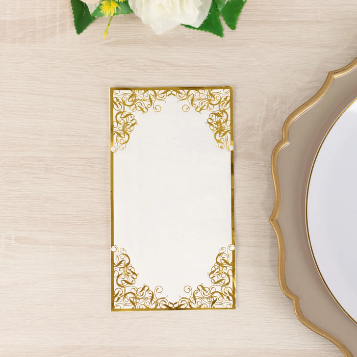 50 Soft Dinner Paper Napkins with Gold Foil Lace Design - White