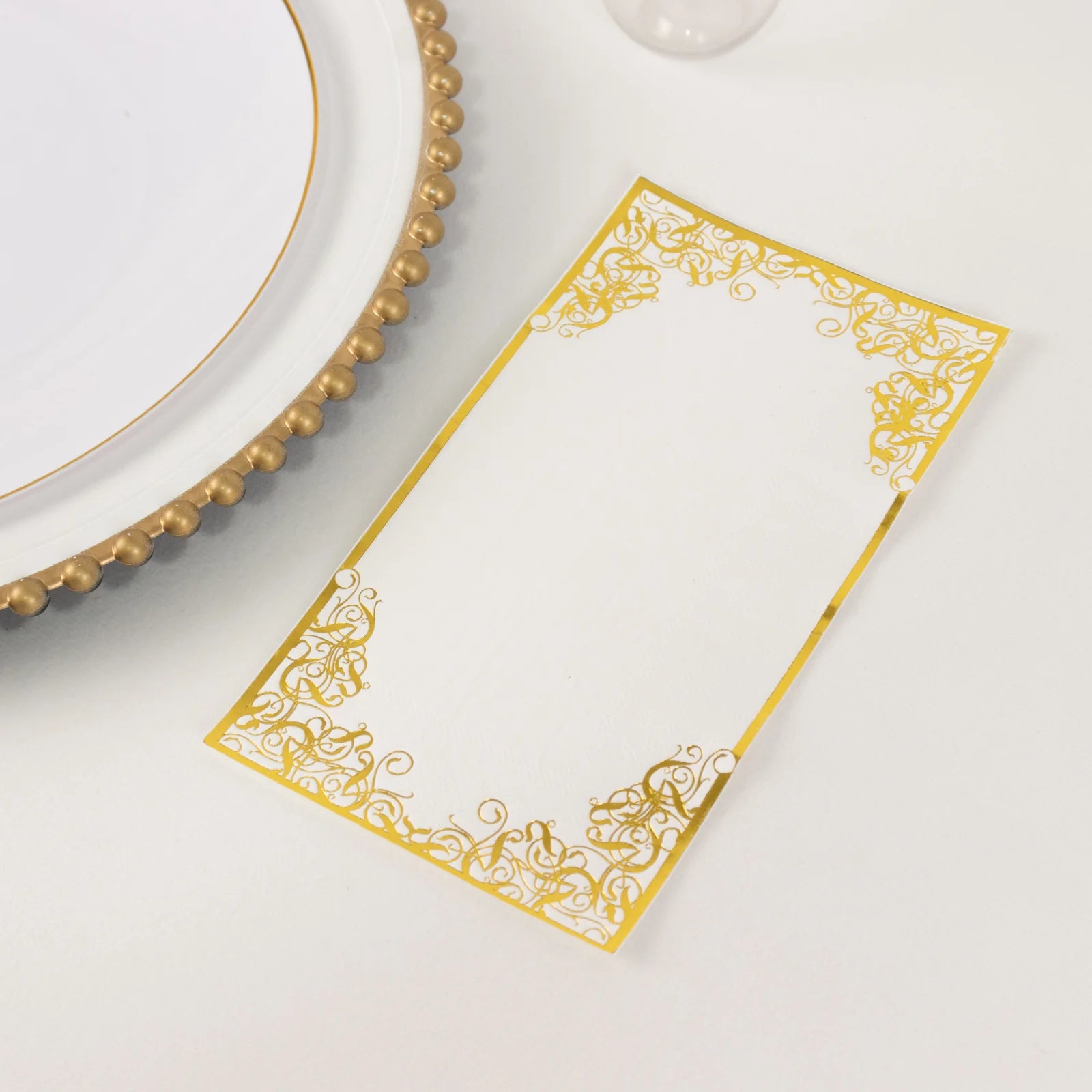 50 Soft Dinner Paper Napkins with Gold Foil Lace Design - White