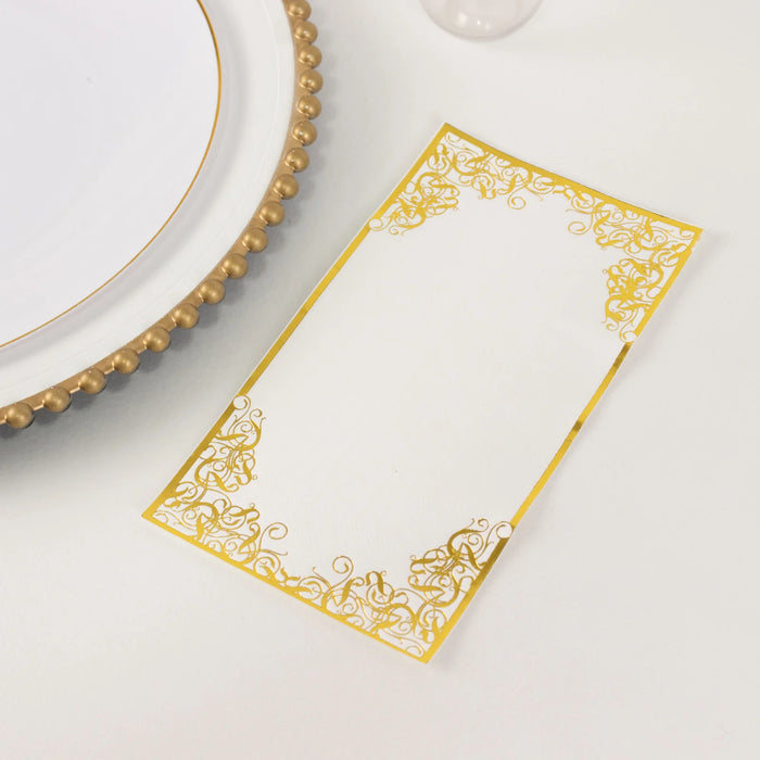 50 Soft Dinner Paper Napkins with Gold Foil Lace Design - White