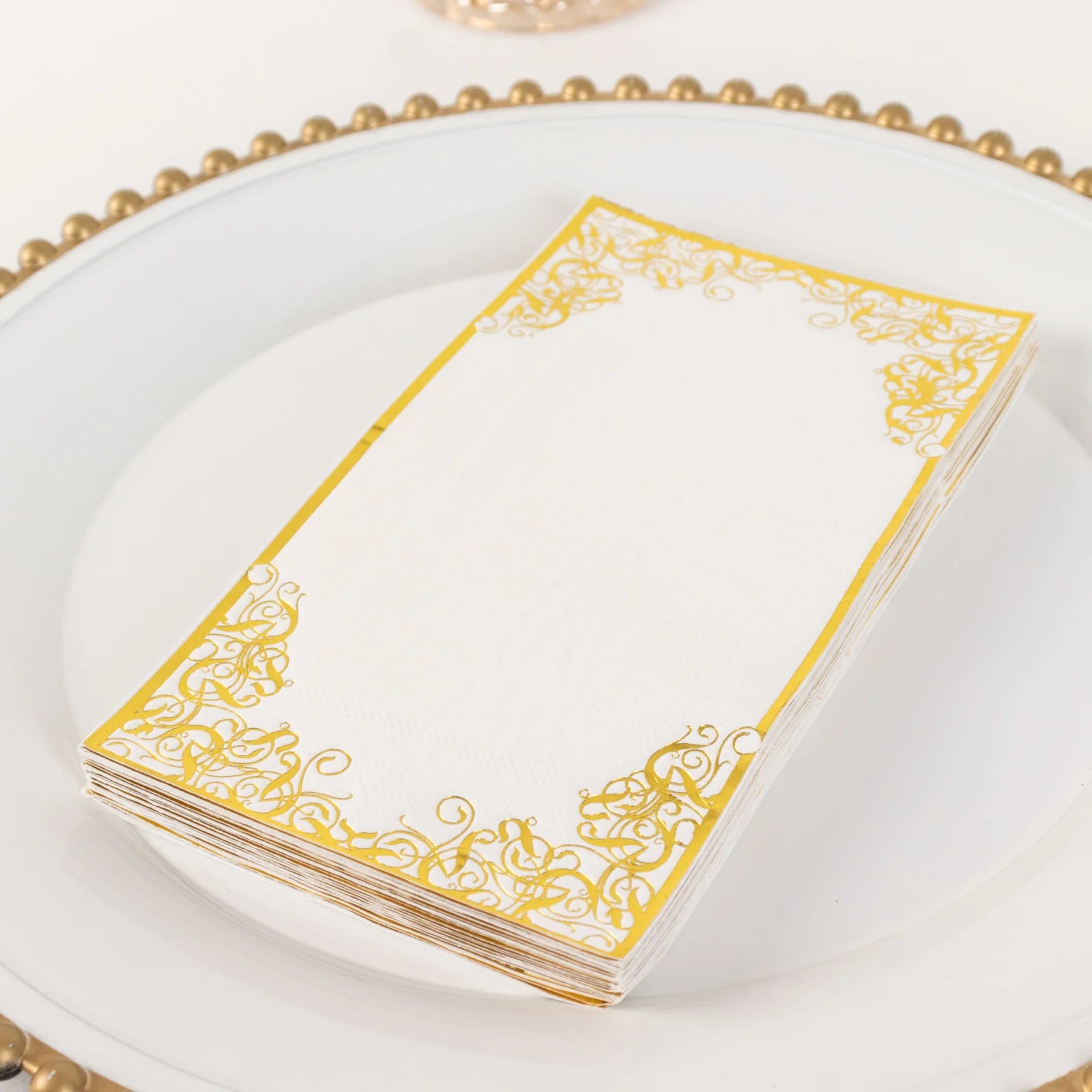 50 Soft Dinner Paper Napkins with Gold Foil Lace Design - White