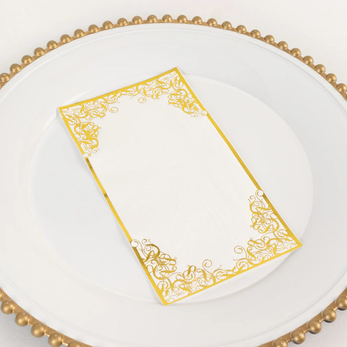 50 Soft Dinner Paper Napkins with Gold Foil Lace Design - White