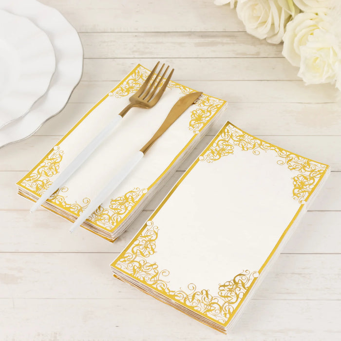 50 Soft Dinner Paper Napkins with Gold Foil Lace Design - White