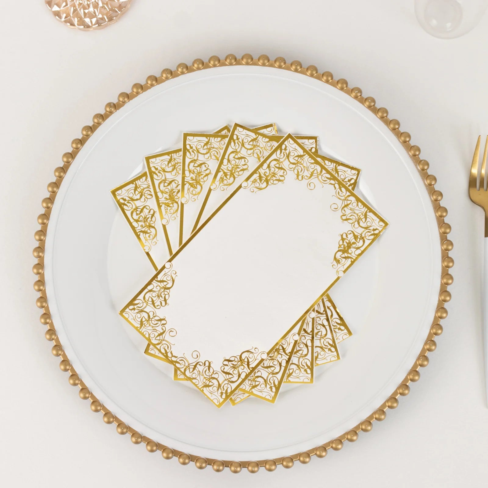 50 Soft Dinner Paper Napkins with Gold Foil Lace Design - White