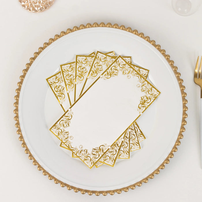 50 Soft Dinner Paper Napkins with Gold Foil Lace Design - White