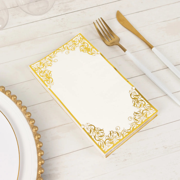 50 Soft Dinner Paper Napkins with Gold Foil Lace Design - White