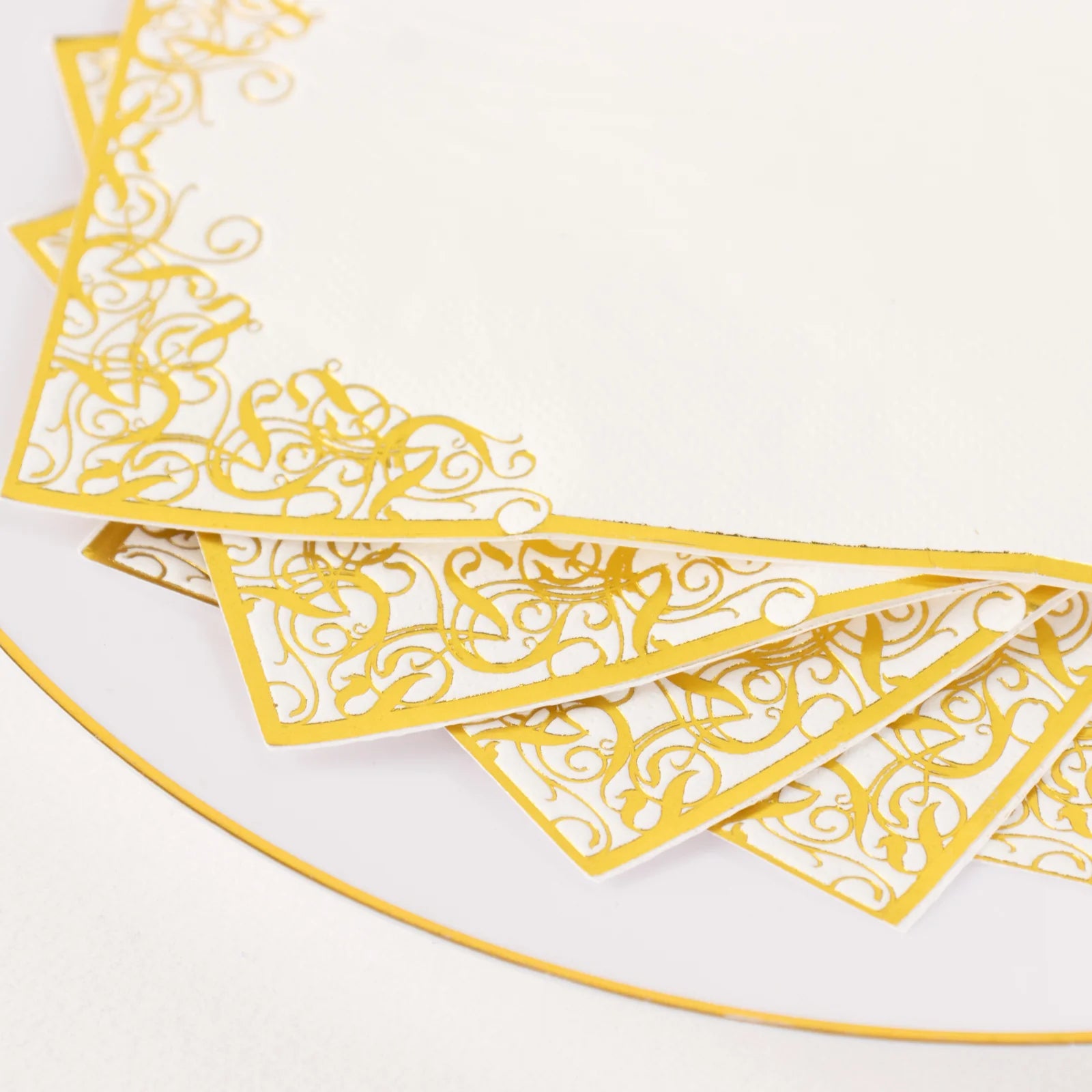 50 Soft Dinner Paper Napkins with Gold Foil Lace Design - White