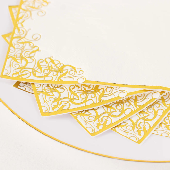 50 Soft Dinner Paper Napkins with Gold Foil Lace Design - White