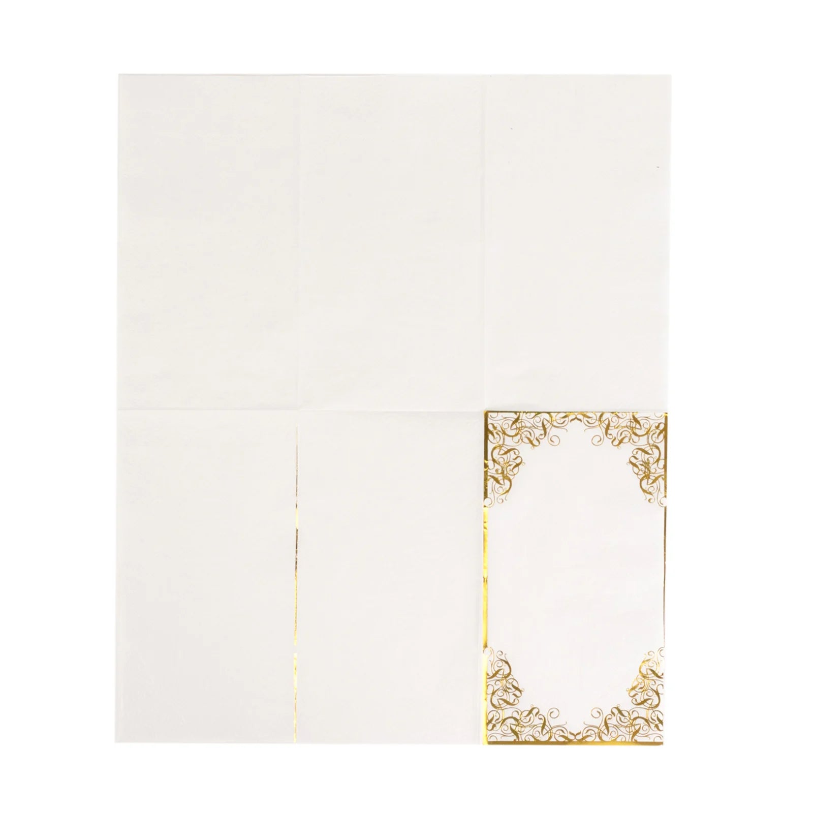 50 Soft Dinner Paper Napkins with Gold Foil Lace Design - White