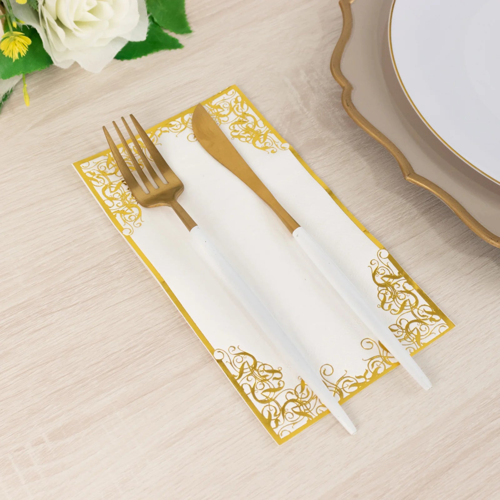 50 Soft Dinner Paper Napkins with Gold Foil Lace Design - White