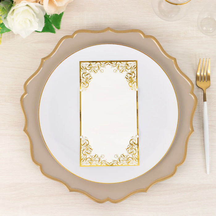 50 Soft Dinner Paper Napkins with Gold Foil Lace Design - White