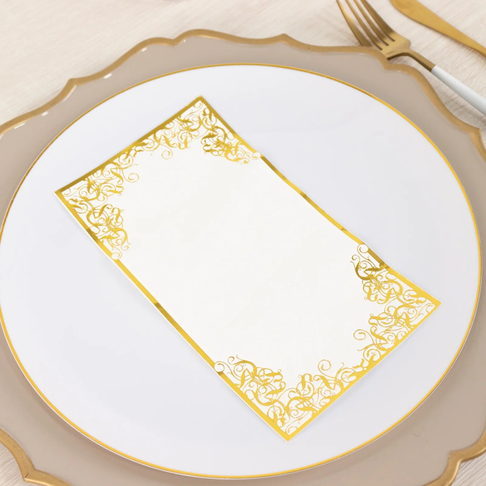 50 Soft Dinner Paper Napkins with Gold Foil Lace Design - White