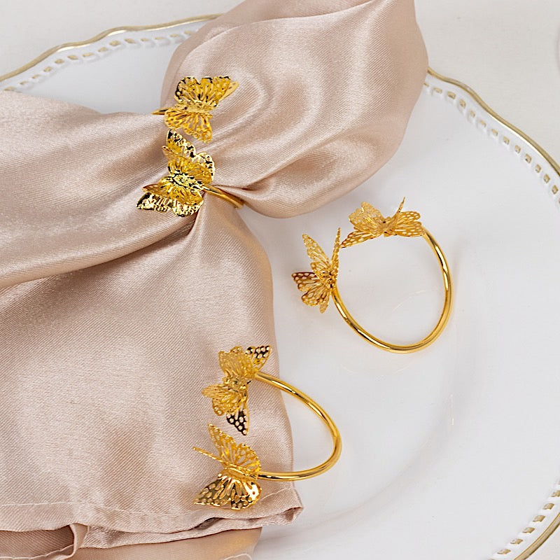 4 Laser Cut Butterfly Metal Napkin Rings - Gold