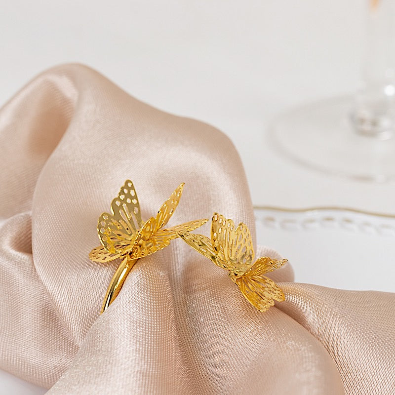 4 Laser Cut Butterfly Metal Napkin Rings - Gold