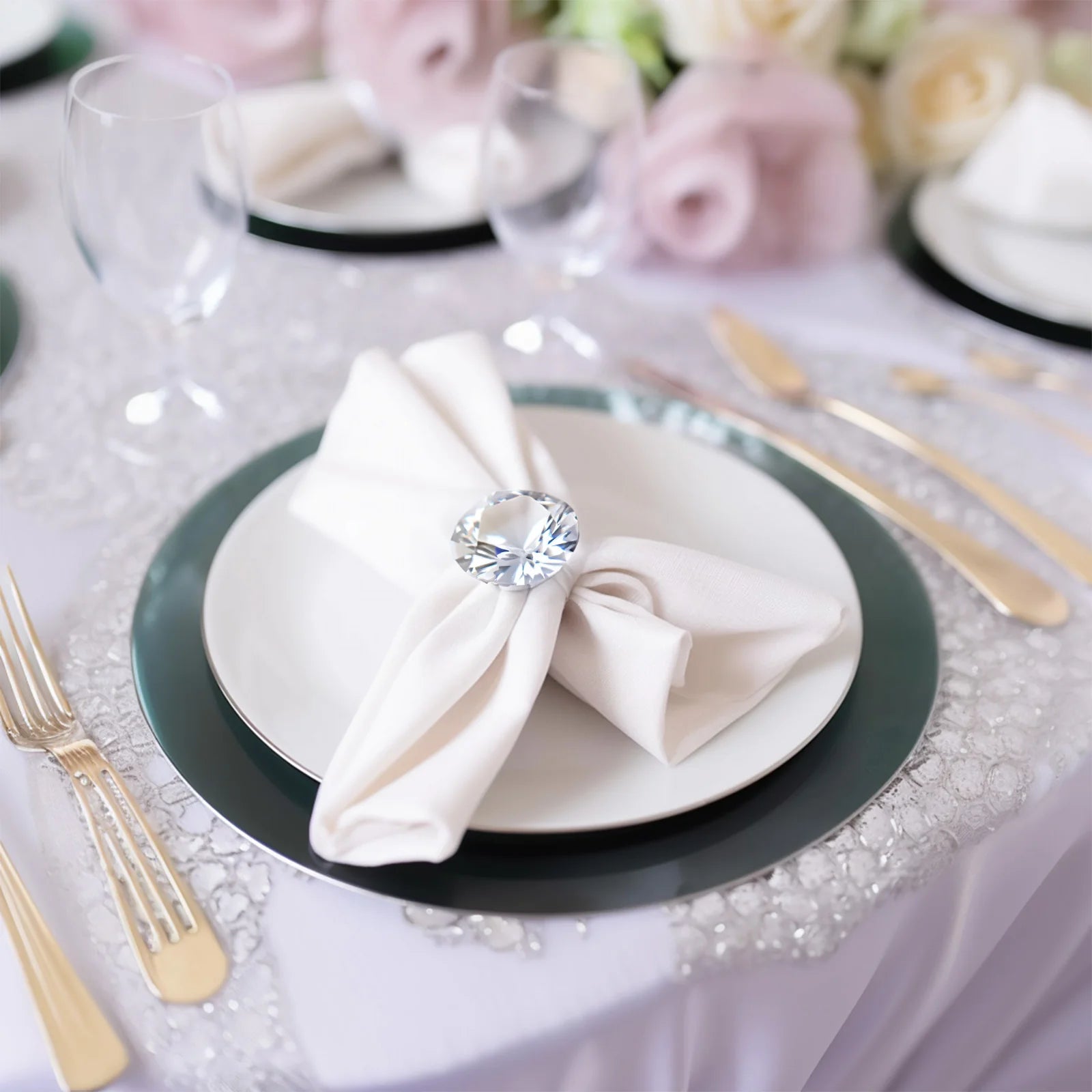 4 Big Crystal Diamond Metal Napkin Rings - Clear and Silver